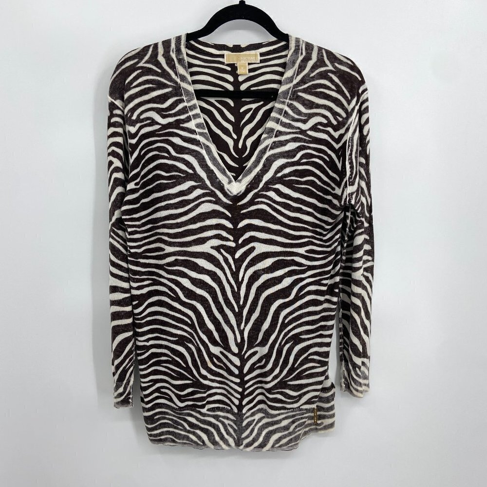 MICHAEL KORS Brown White Distressed Zebra Print V-Neck Pullover Sweater Medium